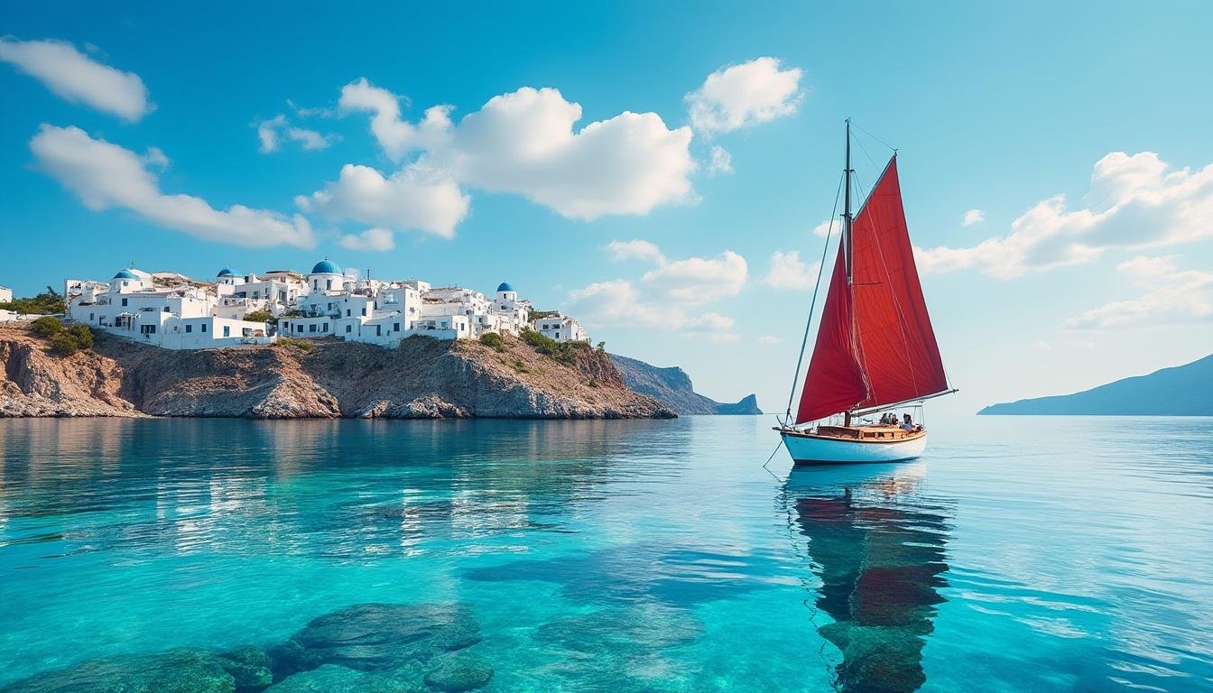 embarquez pour une croisière inoubliable à bord d'un petit bateau et explorez les magnifiques îles grecques, entre mer turquoise et paysages idylliques.