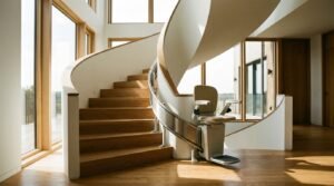 Monte-escalier moderne sur un escalier tournant, maison lumineuse